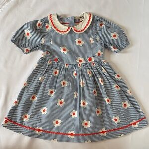 Mini Boden Blue Striped Dress with Red Floral Pattern